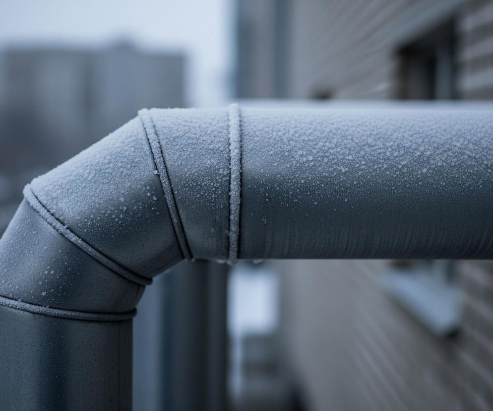 Na pierwszym planie, centralnie, biegnie pozioma rura w szarym kolorze, pokryta drobnymi, białymi kryształkami szronu. Rura zagina się pod kątem 90 stopni w lewo, tworząc kolano, gdzie widoczne są wyraźne łączenia. Tło po lewej stronie, za kolanem rury, jest rozmyte i ukazuje zarysy budynków oraz drzewa, wszystko w odcieniach szarości i błękitu, sugerując zimową aurę. Po prawej stronie, za poziomą częścią rury, znajduje się ściana budynku z widocznymi cegłami w szaro-brązowej tonacji, również lekko rozmyta. Cały obraz utrzymany jest w chłodnej palecie barw, dominują szarości, błękity i biel szronu.