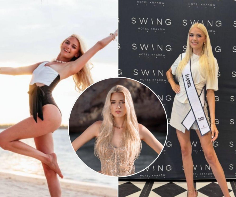 Julia Flach w stroju kąpielowym i z szarfą Miss Śląska. Na miniaturze w błyszczącej sukni. O finale Miss Polski przeczytasz w Eska.