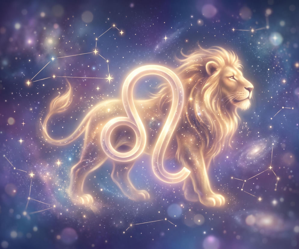 Złoty, świetlisty lew na tle gwieździstego nieba z symbolem zodiaku. O horoskopie dla Lwa przeczytasz w Eska.