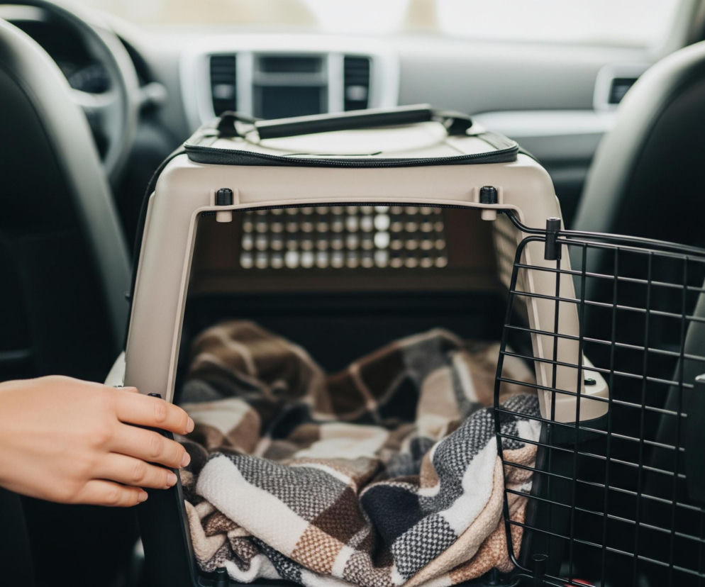 Beżowy transporter dla zwierząt, częściowo otwarty, znajduje się na tylnym siedzeniu samochodu. Wewnątrz transportera leży puszysty, kraciasty koc w odcieniach brązu, bieli i czerni. Lewa dłoń osoby, w jasnej kurtce, dotyka boku transportera, a w tle widać ciemne fotele oraz deskę rozdzielczą samochodu.