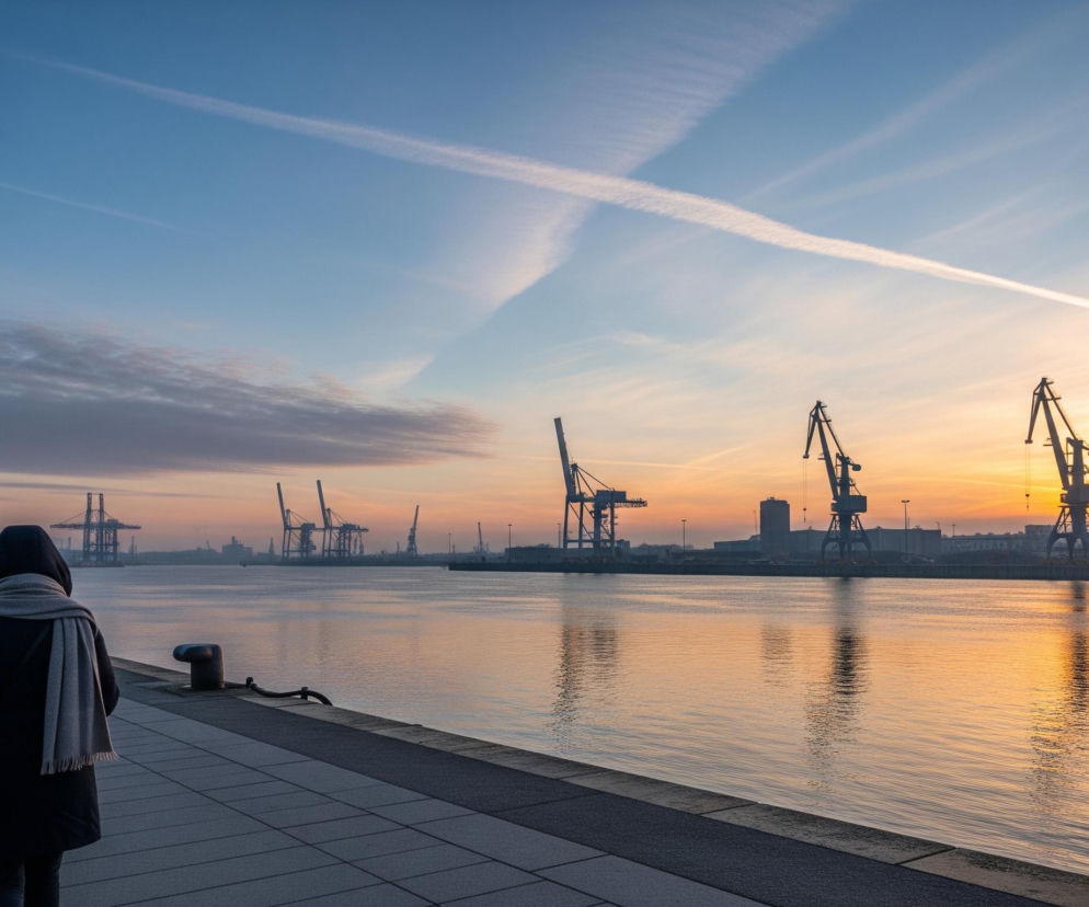 Osoba w ciemnym płaszczu z kapturem i jasnym szaliku idzie chodnikiem wzdłuż nabrzeża. Po prawej stronie widać spokojną taflę wody, odbijającą pomarańczowo-złote światło zachodzącego słońca, tworząc długie refleksy. Na drugim brzegu rzeki lub kanału znajduje się industrialny krajobraz z licznymi dźwigami portowymi i budynkami, z których niektóre są podświetlone promieniami zachodzącego słońca. Niebo, przechodzące od błękitu w górnej części do ciepłych odcieni pomarańczu i różu bliżej horyzontu, przecinają dwie smugi kondensacyjne, tworzące kształt litery X.