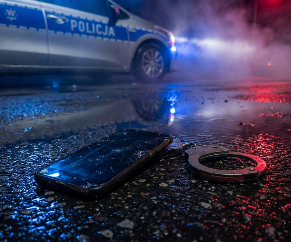 Kajdanki i telefon na tle radiowozu