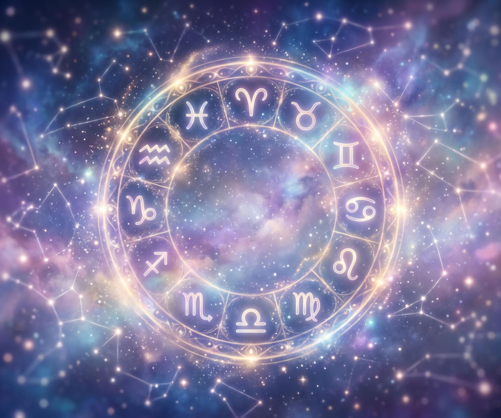 Świecący złoty krąg z dwunastoma symbolami zodiaku na tle gwieździstego kosmosu. O horoskopie przeczytasz na VOX FM.