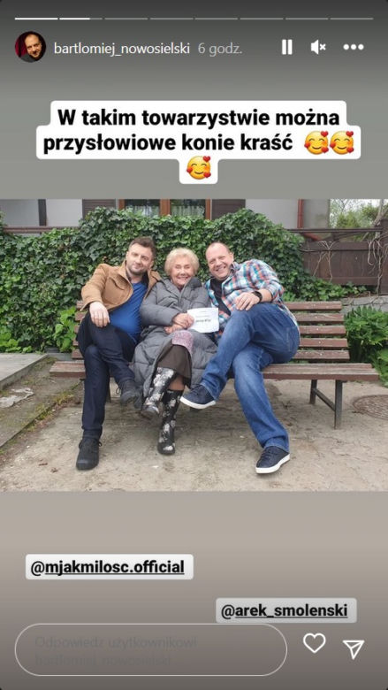 M jak miłość na planie. Bartek (Arkadiusz Smoleński), Barbara (Teresa Lipowska), Tadeusz (Bartłomiej Nowosielski)