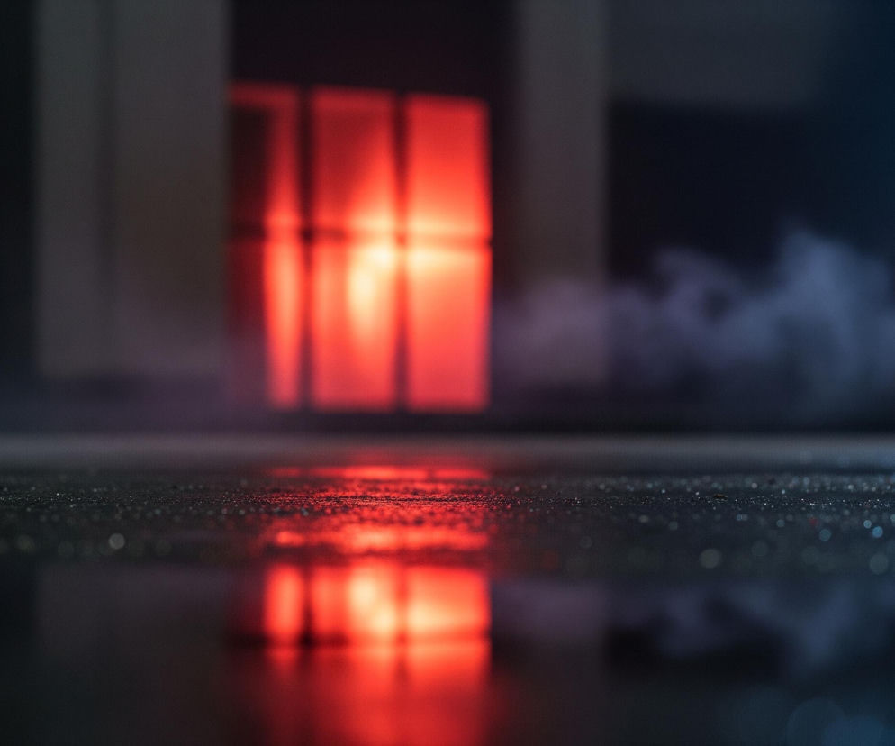Ciemna, ziarnista powierzchnia z drobnymi kropelkami wody pokrywa dolną połowę obrazu, odbijając jaskrawe, rozmyte światło. Pośrodku znajduje się intensywna czerwona poświata, która odbija się również w powierzchni poniżej. Z prawej strony widoczna jest rozmyta niebieska smuga światła oraz delikatne kłęby dymu, podczas gdy lewa strona pozostaje w cieniu. Tło, poza świetlistymi obszarami, jest ciemne i niewyraźne.
