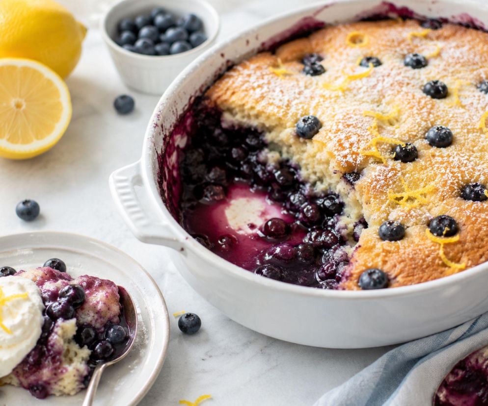 Cytrynowo-borówkowy pudding cake. Podczas pieczenia masa sama rozdziela się na puszyste ciasto i gorący sos