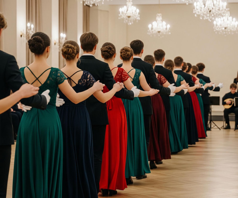 Długa linia młodych par tańczy w jasnej sali balowej, gdzie mężczyźni ubrani są w ciemne garnitury z białymi koszulami, a kobiety w długie, jednolite sukienki w kolorach bordowym, zielonym i granatowym, z koronkowymi elementami na plecach i cienkimi ramiączkami. Wszystkie kobiety mają upięte włosy w koki. Pary trzymają się za ręce, a mężczyźni mają na nich białe rękawiczki. W tle po prawej stronie, na podwyższeniu, siedzi grupa muzyków, grających na instrumentach strunowych przypominających mandoliny, a jedna kobieta stojąca dyryguje. Cała sala oświetlona jest przez liczne, wiszące żyrandole i kinkiety na ścianach.