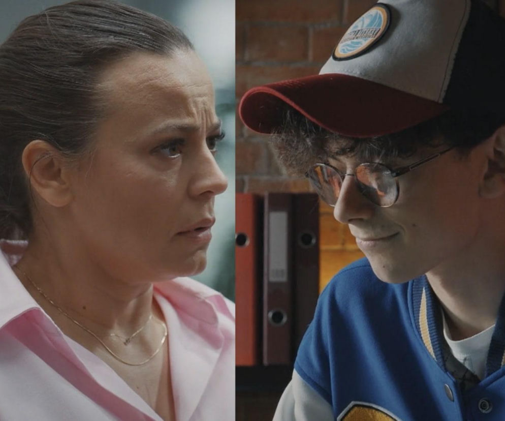 Anna Mucha jako Magda Budzyńska z zatroskaną miną i Franciszek Przanowski jako Maciek w okularach i czapce z daszkiem. Scena z serialu M jak miłość przedstawia Magdę i Maćka w rozmowie online, gdzie omawiają jego stan zdrowia i stypendium. Więcej o Super Seriale znajdziesz na portalu.