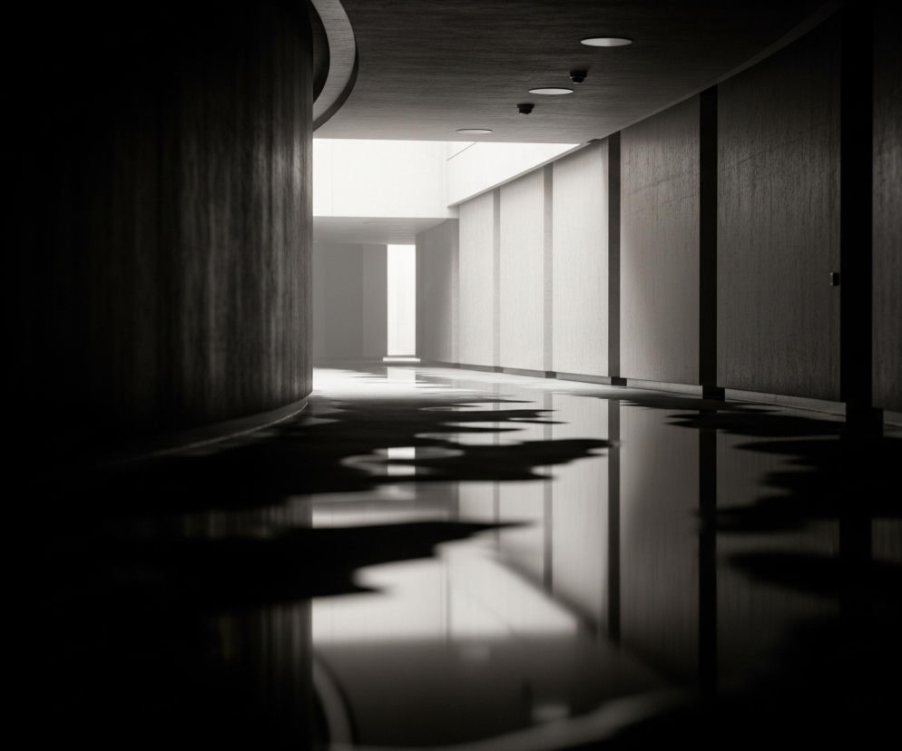 Długi, wąski korytarz rozciąga się w głąb obrazu, z lewą ścianą zakrzywiającą się delikatnie w prawo ku środkowi. Prawa ściana jest prosta i składają się na nią naprzemiennie ciemne i jasne pionowe panele. Światło wpada z dalekiego końca korytarza, tworząc jasny prostokąt i rozświetlając centralną część podłogi, która odbija otoczenie niczym lustro, z wyraźnymi plamami ciemnych refleksów. Sufit jest ciemny, z kilkoma okrągłymi punktowymi światłami rozmieszczonymi wzdłuż prawej strony.