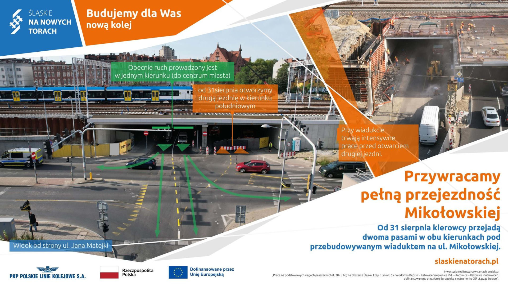 Od 31 sierpnia kierowcy w Katowicach przejadą pod przebudowywanym wiaduktem nad ul. Mikołowską w obu kierunkach dwoma pasami.
