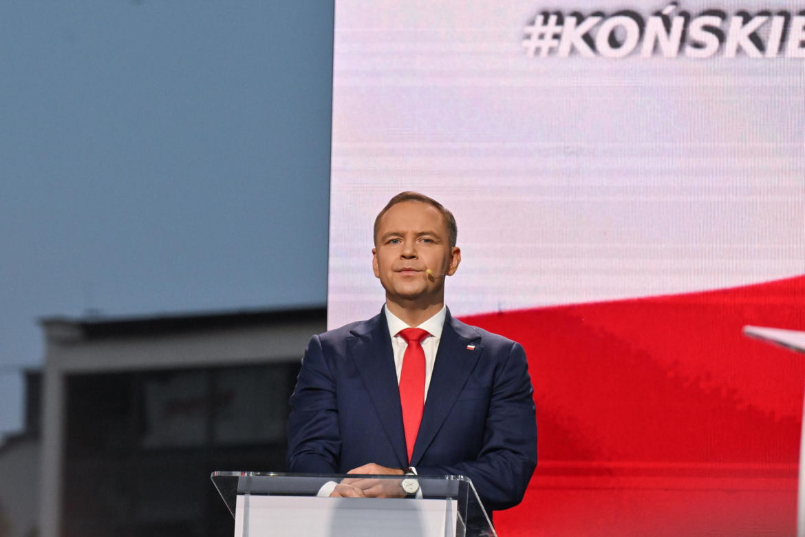Karol Nawrocki na zorganizowanej przez telewizję Republika debacie przedwyborczej w Końskich