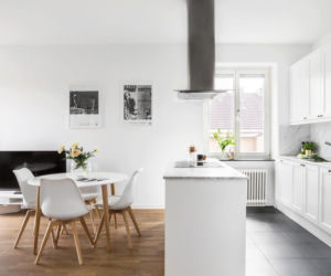 Salon z kuchnią w stylu skandynawskim