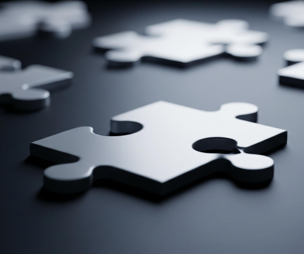 Na czarnym tle rozrzucone są jasnoszare, metaliczne elementy układanki. Centralnie umieszczony jest ostry element, widoczny od góry, posiadający cztery wypustki i cztery wcięcia. Pozostałe części układanki są rozmyte i rozmieszczone w tle, poza głównym punktem ostrości, tworząc wrażenie głębi. Elementy układanki odbijają światło, co nadaje im połyskujący wygląd, a czarne tło tworzy kontrast.