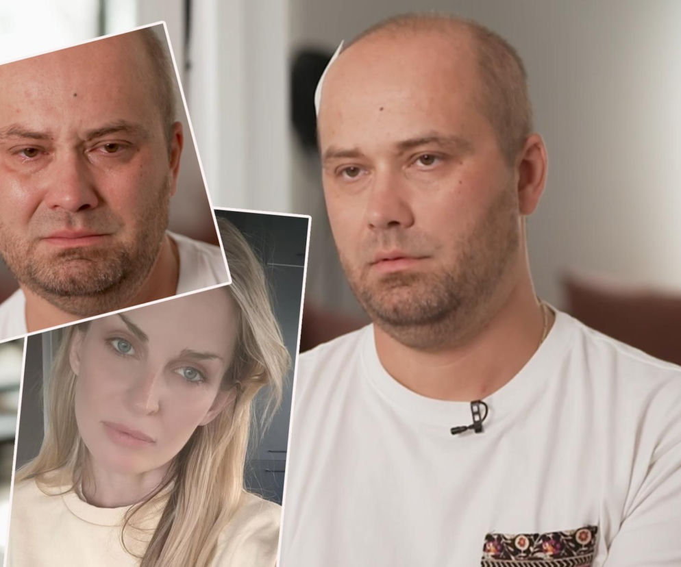 Adrian Szymaniak z plastrem na głowie. Obok miniatury zapłakanego Adriana i żony Anity. O jego śmierci przeczytasz na SE.