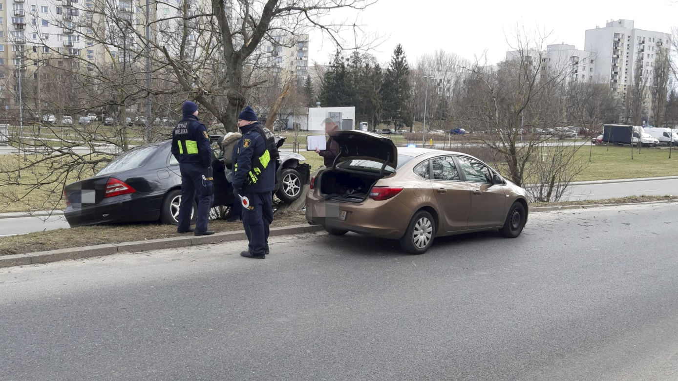 Huknął w drzewo, połamał latarnię. Pijany kierowca kompletnie rozbił mercedesa