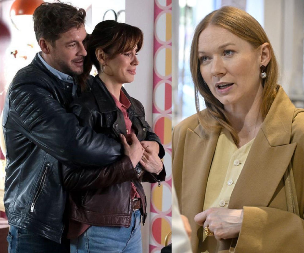 Mikołaj Roznerski jako Marcin i Michalina Sosna jako Kama, przytuleni w intymnej scenie, oraz Katarzyna Dąbrowska jako Elżbieta w zbliżeniu, rozmawiająca. Sceny z serialu M jak miłość ilustrujące zawirowania w związku Marcina i Kamy, gdzie Elżbieta zamierza ich rozdzielić, dostępne na Super Seriale.