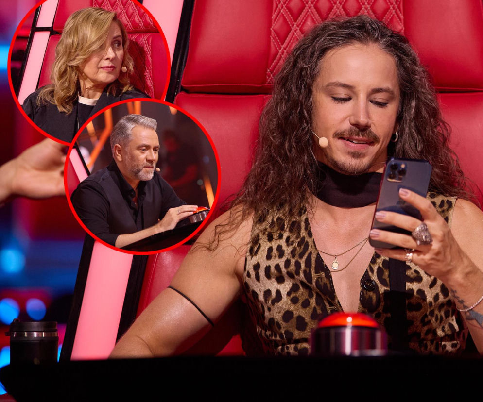 Michał Szpak patrzy w telefon. Obok miniatury z Edytą Bartosiewicz i Kubą Badachem. O The Voice of Poland czytaj w SE.
