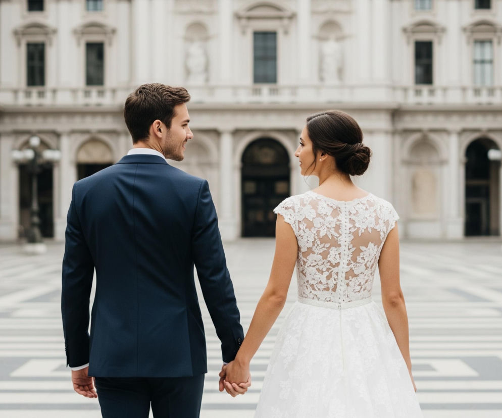 Para ludzi stoi tyłem do widza, trzymając się za ręce, i patrzy przed siebie. Mężczyzna po lewej stronie ubrany jest w ciemny garnitur i białą koszulę, a kobieta po prawej ma na sobie białą koronkową suknię ślubną z odkrytymi ramionami i guziczkami na plecach, z włosami upiętymi w kok. Oboje odwracają głowy w swoją stronę, patrząc na siebie z uśmiechem. Tło stanowi monumentalny, jasny budynek z licznymi arkadami, oknami i rzeźbami, a podłoga wyłożona jest jasnymi płytami z ciemnymi geometrycznymi wzorami.