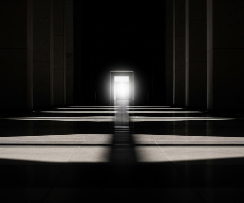 Długi, ciemny korytarz z rzędami prostokątnych słupów po obu stronach prowadzi w głąb obrazu. Na końcu korytarza widoczne jest intensywne, białe światło wydobywające się z prostokątnego otworu, przypominającego drzwi lub wejście. Światło tworzy na podłodze korytarza wyraźne, geometryczne pasy i cienie, biegnące równolegle do słupów. Płytki podłogowe, częściowo oświetlone, ukazują różne odcienie szarości i czerni, a cała scena utrzymana jest w kontrastowych barwach ciemności i jaskrawej bieli.