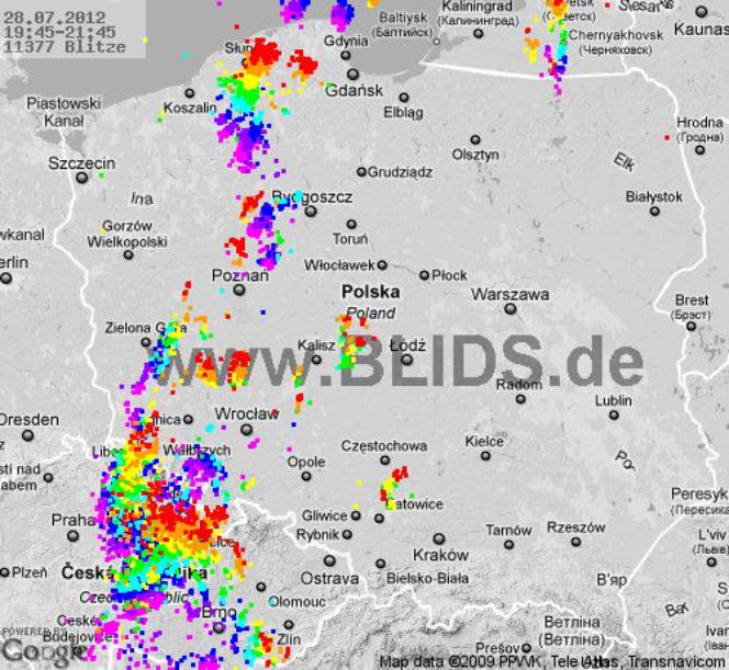 Burze w Polsce, 28.07.2012 - MAPA z godz. 19.45-21.45
