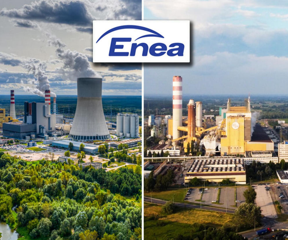 Dwie elektrownie grupy Enea nad rzeką. W górnej części logo firmy. O wpływie suszy na energetykę przeczytasz w Eska.