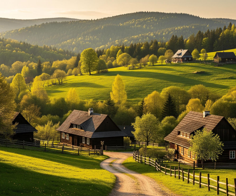 Górski krajobraz przedstawia malowniczą dolinę z kilkoma drewnianymi domami o ciemnych ścianach i brązowych, łupkowych dachach, rozmieszczonymi na zielonych wzgórzach. Domy te otoczone są bujną, soczyście zieloną trawą, która w niektórych miejscach jaśnieje w złotych promieniach zachodzącego słońca, tworząc wyraźne cienie. Kręta, gruntowa ścieżka wije się między budynkami i częściowo wzdłuż płotów z drewnianych bali, prowadząc w głąb doliny. W tle, pasma górskie pokryte gęstym lasem o różnych odcieniach zieleni, z dominującym żółtawym odcieniem młodych liści, rozciągają się aż do horyzontu, gdzie niebo ma jasny, ciepły, bladożółty kolor.