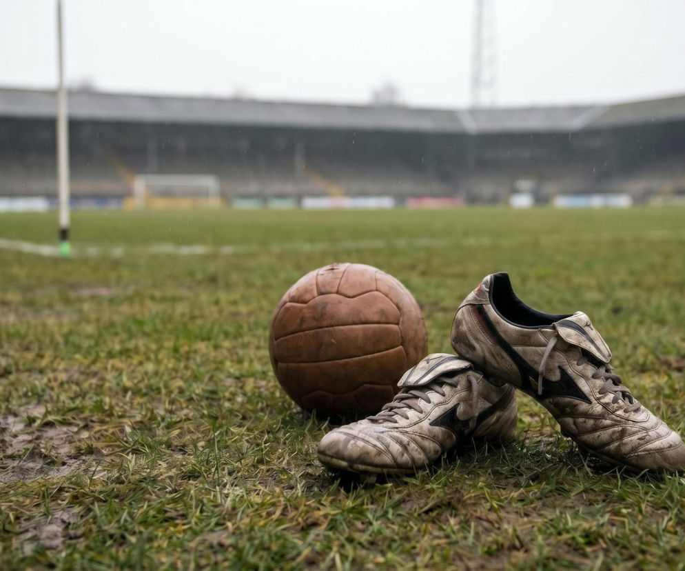 Stare, brudne korki leżące obok skórzanej piłki retro na mokrej, trawiastej murawie boiska, w tle widać puste trybuny stadionu, co symbolizuje rozczarowanie po kolejnym braku awansu Szkocji. Więcej o ich porażkach przeczytasz na naszym portalu.