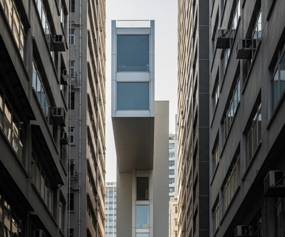 Pionowe ujęcie trzech budynków w architekturze miejskiej. Po bokach znajdują się dwa wysokie, ciemnoszare budynki o ziarnistej fakturze, z wieloma poziomymi rzędami okien, częściowo odbijających światło. Na ich fasadach widoczne są wystające jednostki klimatyzacyjne oraz rury. Pomiędzy tymi budynkami, w centrum kadru, znajduje się trzeci, jaśniejszy, nowoczesny budynek z dużymi, przeszklonymi panelami, połączony u góry i na środku kładką. Powyżej kładki widoczna jest metalowa balustrada, a u dołu konstrukcji kolejne okna. Za centralnym budynkiem rozciąga się jasne, niemal białe niebo, przechodzące w błękit w górnej części.