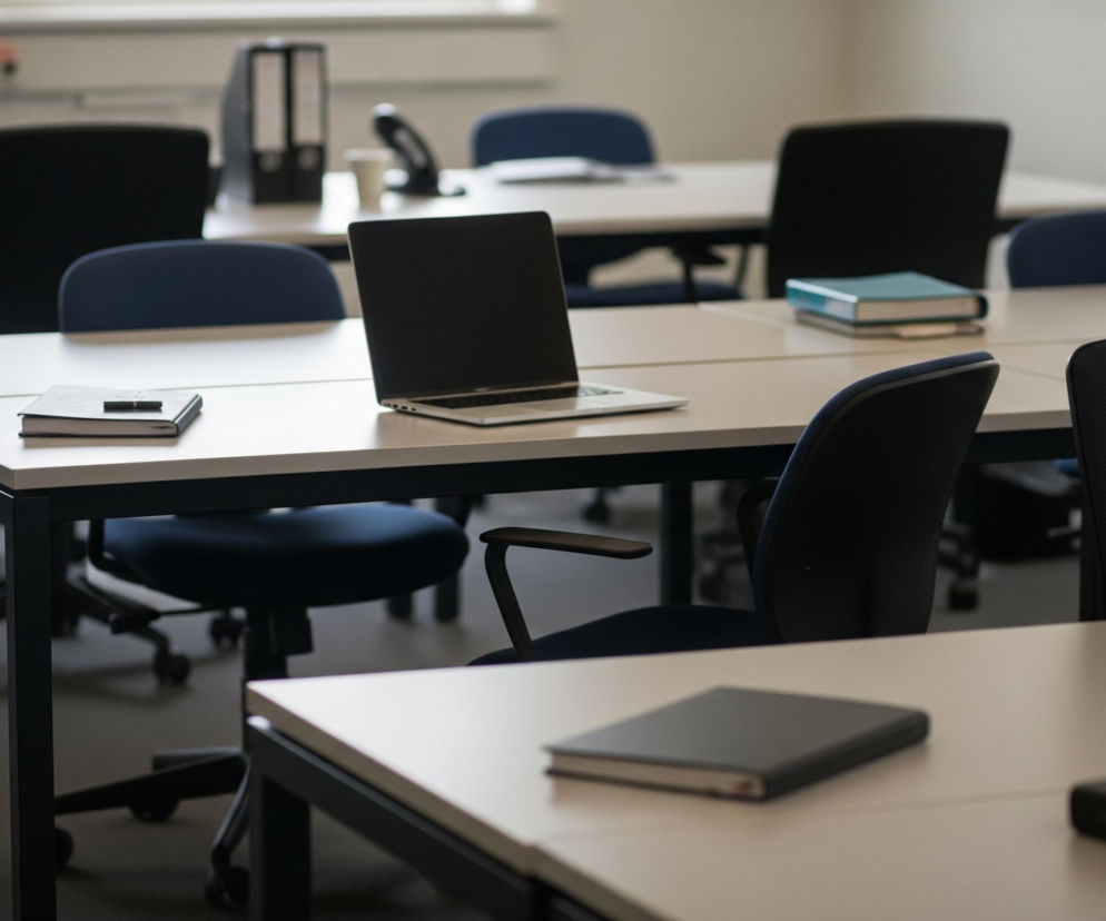 Wnętrze sali lekcyjnej lub biurowej, przedstawiające stoły i krzesła w odcieniach szarości i granatu, rozmieszczone w rzędach. Na pierwszym planie widoczne są dwa jasne, prostokątne stoły z czarnymi, metalowymi nogami. Na lewym stole leży otwarty notes z długopisem, a na prawym leży granatowy notes. W tle, na kolejnym stole, znajduje się otwarty laptop, obok którego leży niebieska książka i segregator. Pomieszczenie oświetla światło wpadające przez okna na dalszym planie.