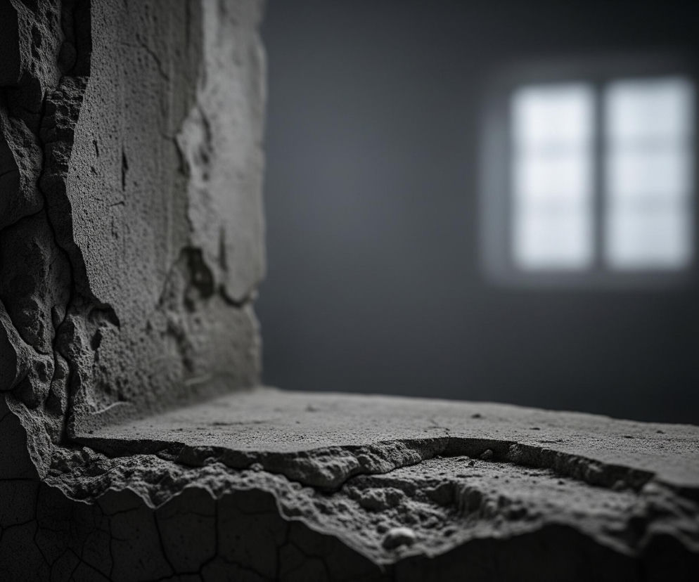 Główny plan zajmuje zniszczony, szary mur o chropowatej teksturze, z wyraźnymi pęknięciami i ubytkami tynku, widocznymi szczególnie po lewej stronie i w dolnej części obrazu. Elementy muru tworzą poziomą półkę oraz pionową powierzchnię biegnącą wzdłuż lewej krawędzi, z ostrym załamaniem w centrum. W tle, rozmyte i słabo oświetlone, znajduje się kwadratowe okno podzielone na cztery mniejsze prostokąty, emitujące białe światło na tle ciemnoszarej, niewyraźnej ściany. Całość kompozycji utrzymana jest w ciemnych, monochromatycznych odcieniach szarości, z niewielkimi akcentami jaśniejszego światła pochodzącego z okna.
