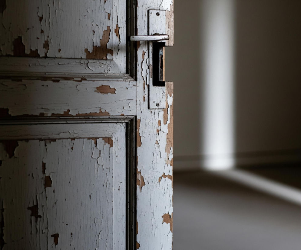 Otworzone, stare drewniane drzwi z łuszczącą się białą farbą ukazują fragment ciemnego pomieszczenia. Na ich powierzchni widoczne są liczne spękania i odpryski, odsłaniające jaśniejsze, drewniane podłoże. Przy prawym brzegu drzwi znajduje się jasna, metalowa klamka i czarny otwór zamka. Po prawej stronie, w tle, widoczny jest fragment ciemnego pokoju z jasnymi smugami światła padającymi na ścianę i podłogę.