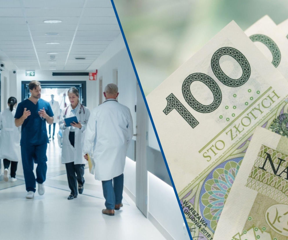 Personel medyczny w szpitalnym korytarzu po lewej i banknoty stuzłotowe po prawej, symbolizujące zarobki lekarzy i pielęgniarek. Dowiedz się, ile naprawdę płacą szpitale i przychodnie swojemu personelowi w Super Biznes.