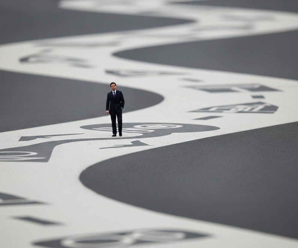 Mężczyzna w ciemnym garniturze i krawacie stoi na krętej, białej ścieżce, która przebiega przez ciemnoszare tło. Na ścieżce namalowane są szare ikony i strzałki, wskazujące kierunek ruchu. Postać mężczyzny jest w centrum kadru, jego lewa ręka schowana jest w kieszeni spodni, a prawą trzyma luźno wzdłuż ciała. Cały obraz ma efekt płytkiej głębi ostrości, gdzie postać mężczyzny i jego najbliższe otoczenie są ostre, natomiast reszta ścieżki i tła jest rozmyta.