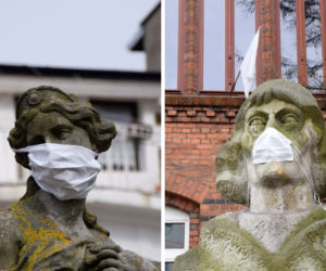 Iława. Na rzeźbach zawiesili maseczki ochronne