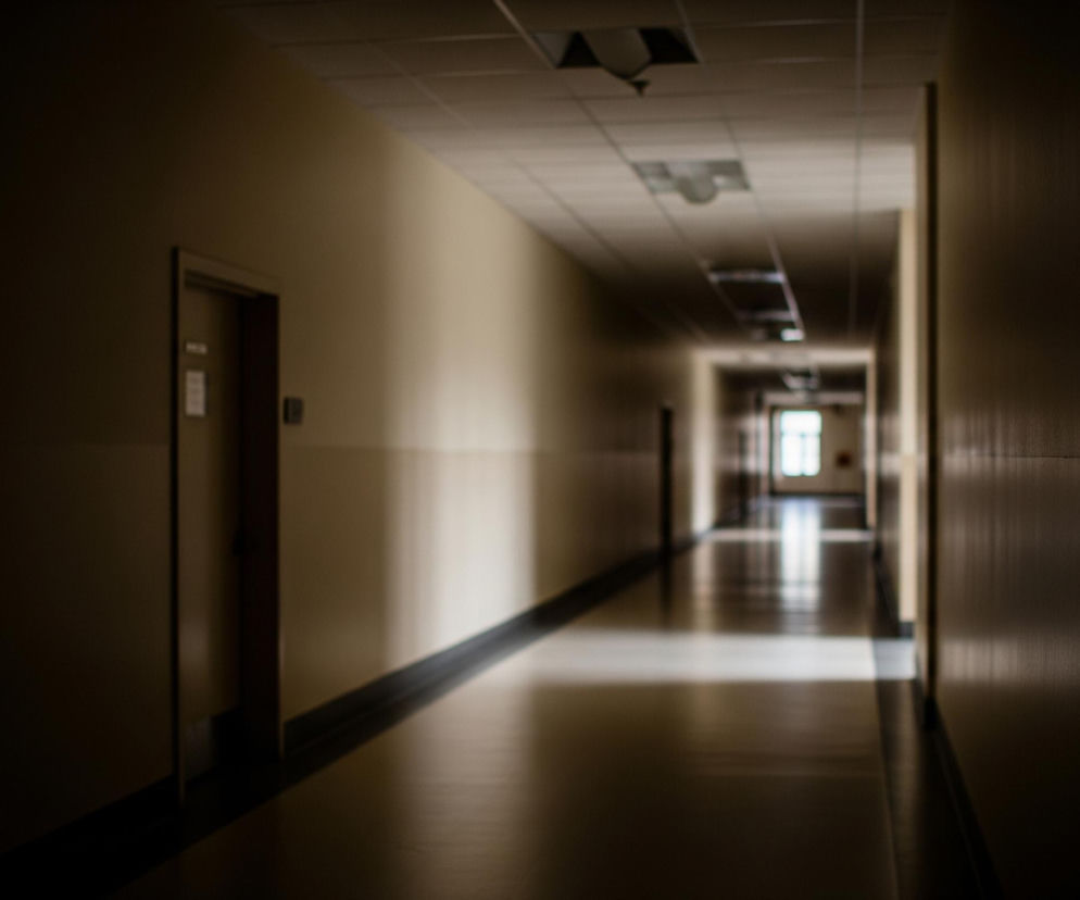 Długi, słabo oświetlony korytarz rozciąga się w głąb obrazu, znikając w oddali. Ściany są jasnobeżowe, a podłoga składa się z ciemnych i jasnych paneli, na których odbija się światło wpadające z głębi. Na suficie widać kwadratowe panele i kilka podłużnych opraw oświetleniowych. Na lewej ścianie widoczne są ciemne drzwi z niewielkimi białymi karteczkami lub tabliczkami. Na końcu korytarza jasne, rozmyte światło wydobywa się z okna lub wejścia, tworząc efektowną perspektywę i nadając scenie głębi.