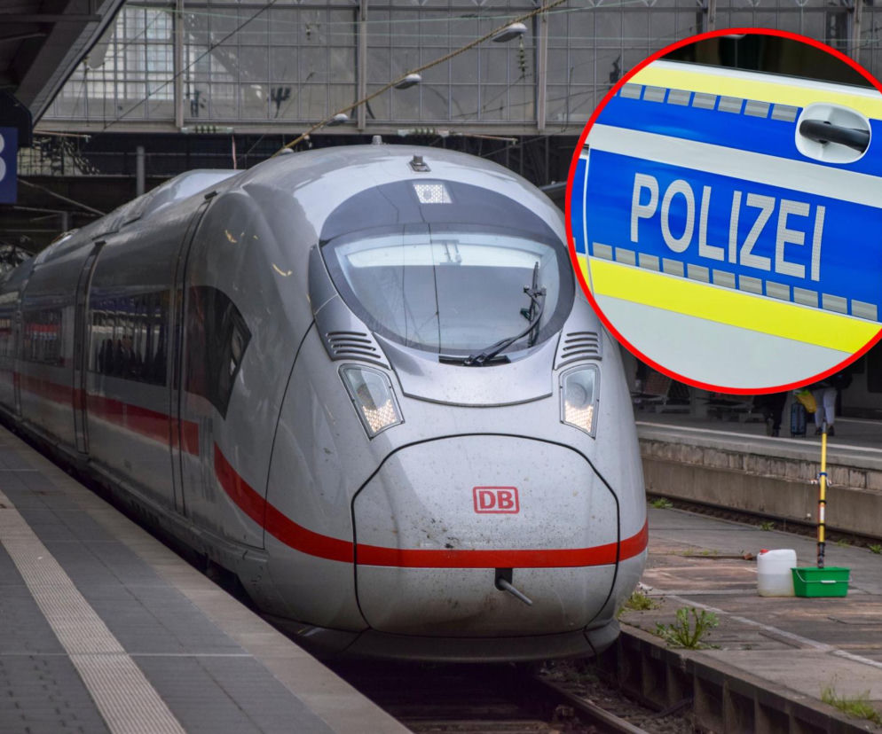 Pociąg DB na peronie. Na miniaturze obok napis Polizei na radiowozie. O zatrzymaniu Polki w Niemczech czytaj w Eska.