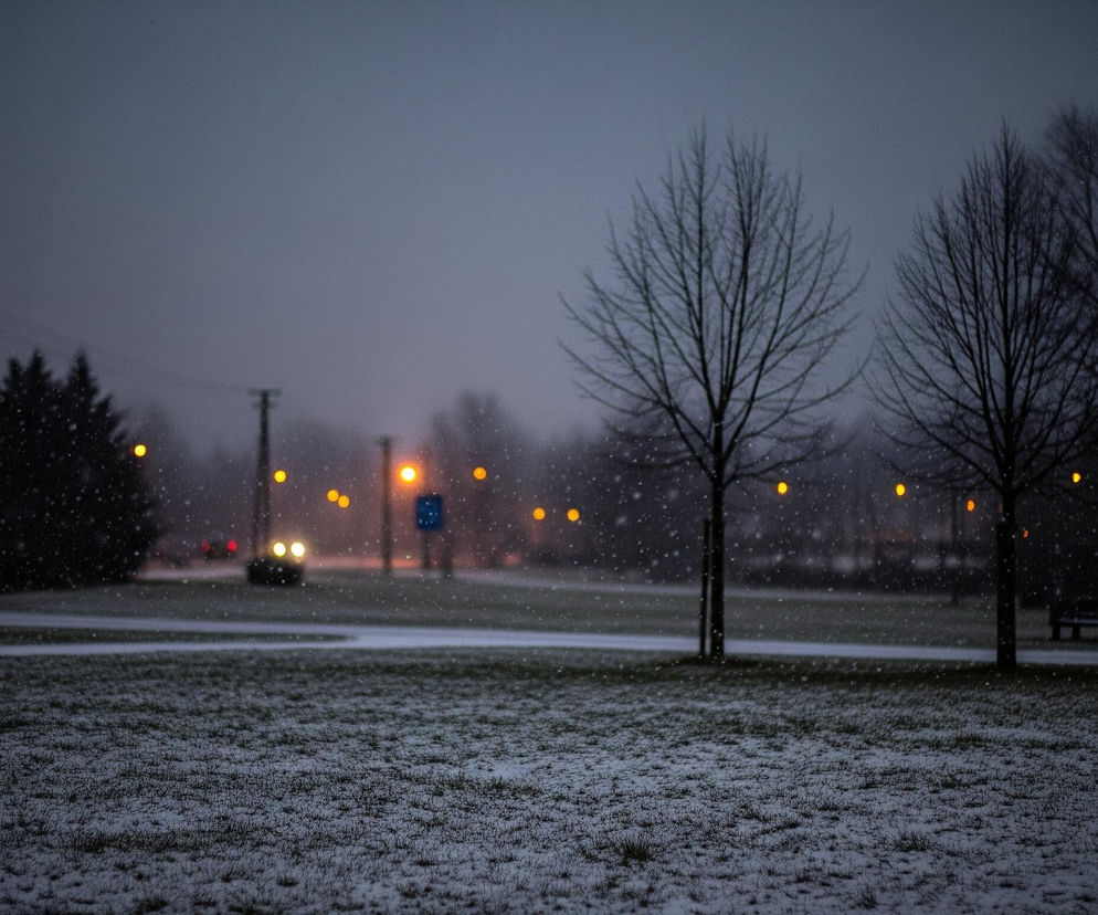 Śnieg pada gęsto na trawiaste pole pokryte cienką warstwą białego puchu, z zielonymi źdźbłami widocznymi spod spodu. W tle, po prawej stronie znajduje się rząd drzew bez liści oraz ławka, natomiast po lewej stronie ciemne drzewo iglaste oraz słupy energetyczne z przewodami. Dalej widoczne są uliczne latarnie o pomarańczowo-żółtym świetle, oświetlające drogę, po której nadjeżdża samochód z jasnymi światłami przednimi, a także niebieski znak drogowy. Całość sceny pogrążona jest w mrocznym, szaroniebieskim odcieniu wieczoru.