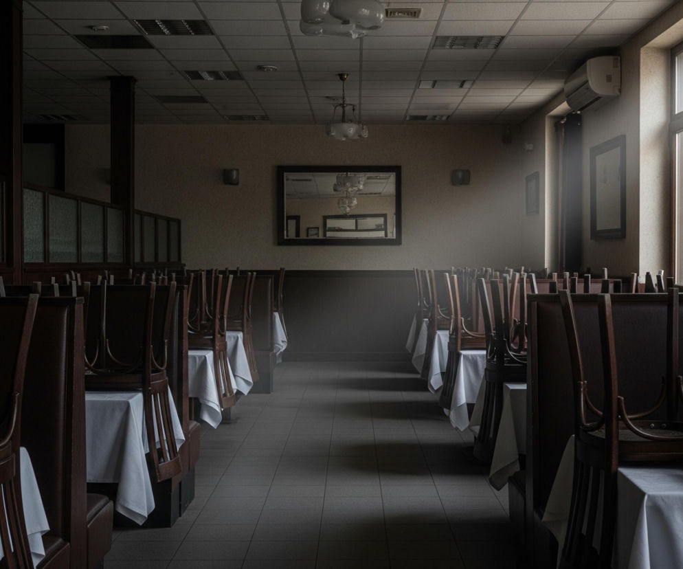 Wnętrze ciemnej, pustej restauracji lub jadalni, z perspektywą prowadzącą w głąb pomieszczenia. Po obu stronach, symetrycznie, ustawione są rzędy stołów nakrytych białymi obrusami, na których leżą odwrócone krzesła o ciemnym drewnianym stelażu i tapicerowanych oparciach, sugerujące zamknięcie lub przerwę w działalności. Na suficie podwieszanym widać kwadratowe panele i kilka lamp, a centralnie wisi ozdobny żyrandol, którego odbicie widoczne jest w dużym prostokątnym lustrze zawieszonym na jasnobeżowej ścianie na wprost, na końcu widocznego korytarza. Po prawej stronie, w głębi, znajduje się wysokie okno z białymi ramami, przez które wpada dzienne światło, rozjaśniając tę część pomieszczenia i podkreślając teksturę ściany.