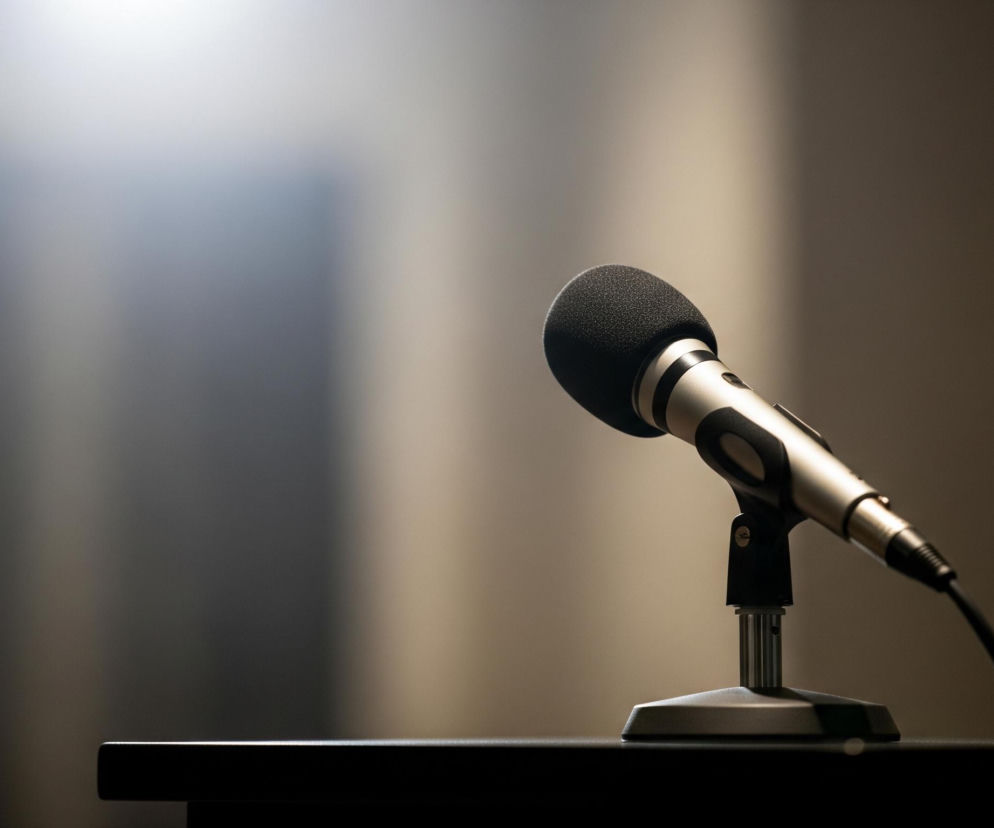 Na pierwszym planie, z prawej strony, stoi mikrofon z czarną, gąbkową osłoną na górze i srebrnym, błyszczącym korpusem. Mikrofon jest zamontowany na czarnej podstawie, która spoczywa na ciemnym, płaskim blacie. W tle widoczne jest rozmyte światło padające z lewego górnego rogu, tworzące jasną poświatę, przechodzącą w ciemniejsze odcienie szarości i brązu po prawej stronie.