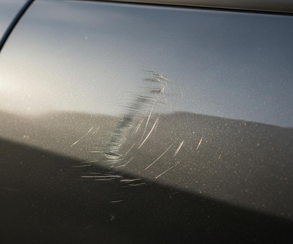 Samochód w kolorze ciemnoszarym, metalicznym, z wyraźnymi zarysowaniami na powierzchni. Zarysowania, o jasnym, niemal białym odcieniu, biegną nieregularnie, tworząc skupisko smug w centralnej części zdjęcia, rozciągając się również w prawo. Lewa część karoserii jest jaśniejsza, z odbiciami światła, natomiast prawa strona, zwłaszcza dolna, jest znacznie ciemniejsza, częściowo zacieniona. Wzdłuż lewej krawędzi obrazu, pionowo, przebiega czarna listwa.