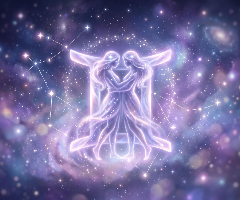 Świecący symbol Bliźniąt na tle gwieździstego kosmosu. Horoskop dla tego znaku zodiaku na wrzesień znajdziesz w serwisie Eska.