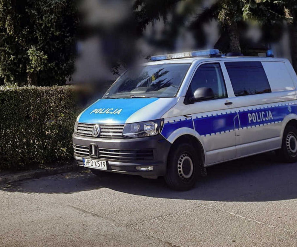 Srebrno-niebieski radiowóz policyjny zaparkowany przy żywopłocie. O szczegółach tragedii w Skorogoszczy przeczytasz na SE.