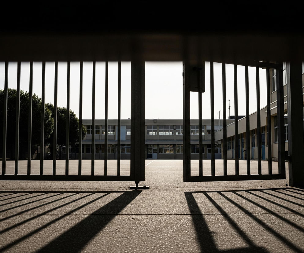 Metalowa brama, składająca się z pionowych prętów, jest częściowo otwarta, z ciemnym, niemal czarnym górnym i dolnym ramiakiem tworzącym ramy kompozycji. Od lewej do prawej, na tle jaśniejszego nieba i budynków, widać równoległe, pionowe elementy bramy, rzucające długie cienie na piaszczysty plac. Cienie te rozciągają się w głąb obrazu, a najdłuższy z nich biegnie przez środek otwartej części, dzieląc plac na dwie asymetryczne połowy. Po lewej stronie placu widać ciemne, gęste korony drzew, natomiast w tle znajduje się jasnoszary budynek z licznymi oknami, z których odbija się światło, oraz fragmenty innych, podobnych konstrukcji.