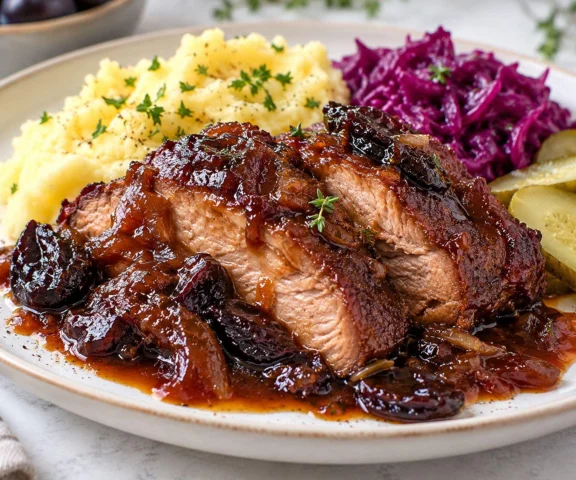 Karkówka pieczona w powidłach. Śliwki, chili i korzenne przyprawy tworzą gęstą marynatę