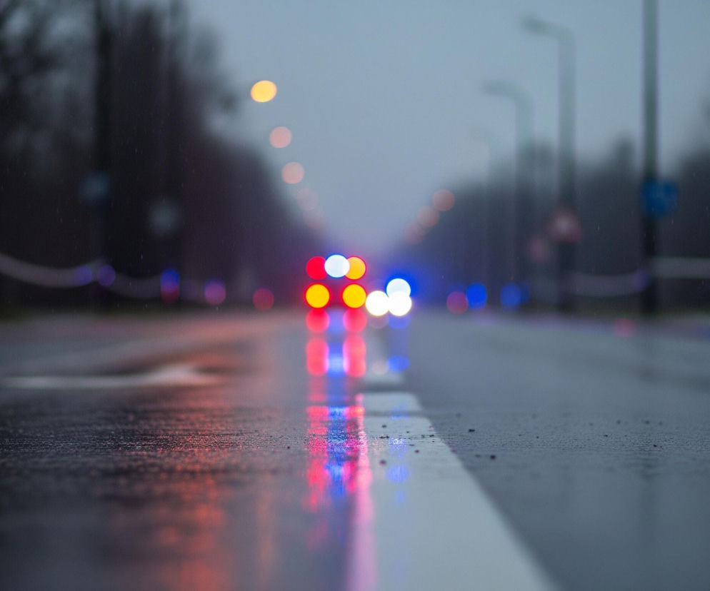 Mokry asfaltowy pas drogi z wyraźną białą linią podziału biegnie od dolnej prawej strony do centrum obrazu, odbijając rozmyte światła w oddali. Na ciemnym tle horyzontu widać szereg kolorowych, okrągłych świateł – dominują czerwone i niebieskie, z kilkoma żółtymi i białymi punktami, które tworzą efekt bokeh. Po obu stronach drogi rozciągają się niewyraźne, ciemne sylwetki drzew lub budynków, z widocznymi słupami ulicznymi po prawej stronie. Ogólny nastrój jest wieczorny lub pochmurny, z drobnymi kropelkami deszczu widocznymi w powietrzu i na powierzchni jezdni.