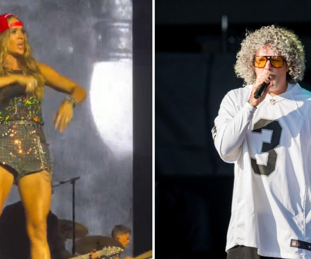 Carrie Underwood w czerwonej czapce śpiewa na scenie. Obok na zdjęciu Fred Durst. O koncercie przeczytasz na EskaRock.