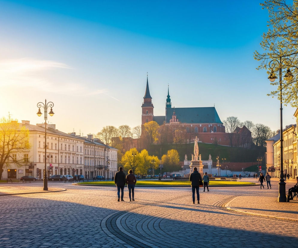 Brukowa, otwarta przestrzeń miejska rozświetlona jest nisko zawieszonym słońcem, którego promienie tworzą długie cienie i złocisty blask na fasadach budynków po lewej stronie. W tle, na wzniesieniu, dominuje duży, ceglany kościół z dwiema wieżami o spiczastych dachach, otoczony zielenią drzew. Na placu, w centralnej części, grupa ludzi idzie w kierunku kościoła, podczas gdy inni spacerują lub siedzą na ławkach po prawej stronie, pod drzewami o świeżych, jasnozielonych liściach. Niebo przechodzi od intensywnego błękitu u góry do jasnego, niemal białego odcienia w pobliżu horyzontu.