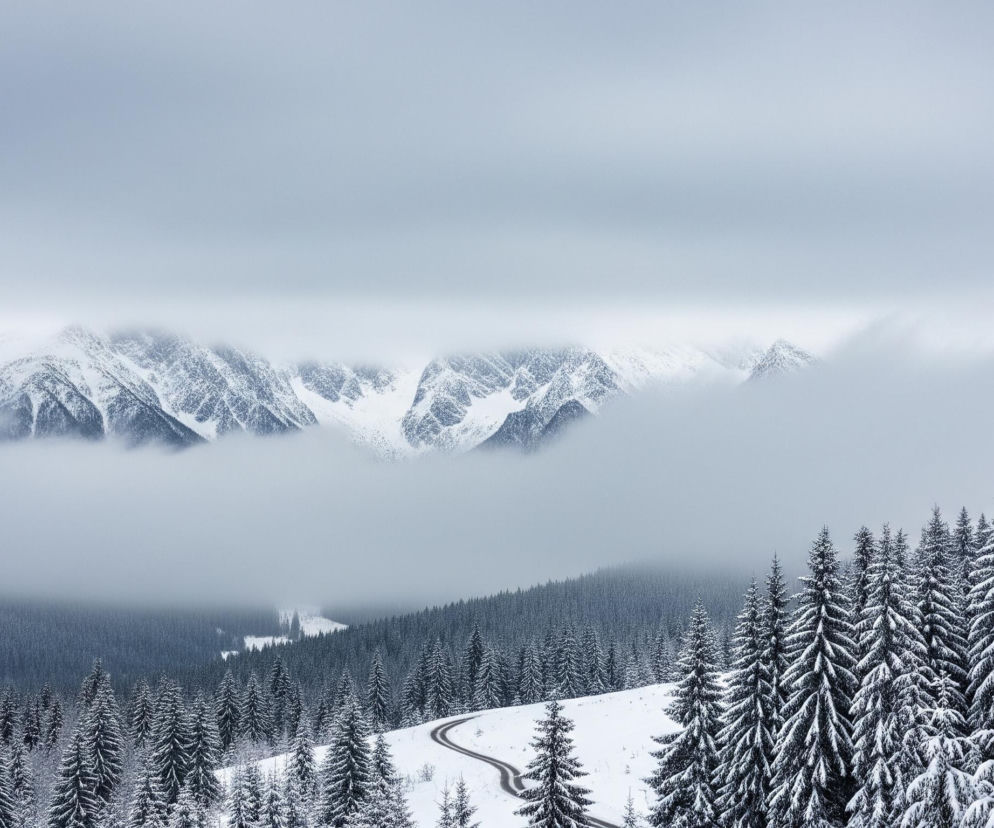 Głęboki, zimowy krajobraz z ośnieżonymi górami w tle, częściowo zasłoniętymi przez mgłę i chmury. W centrum kadru rozciąga się gęsty, ciemnozielony las iglasty, pokryty warstwą świeżego śniegu. Przez leśny krajobraz wije się wąska, ciemna droga, która znika w oddali, podążając za kształtem pagórków. Dominują odcienie bieli, szarości i głębokiej zieleni, tworząc chłodną i spokojną atmosferę.