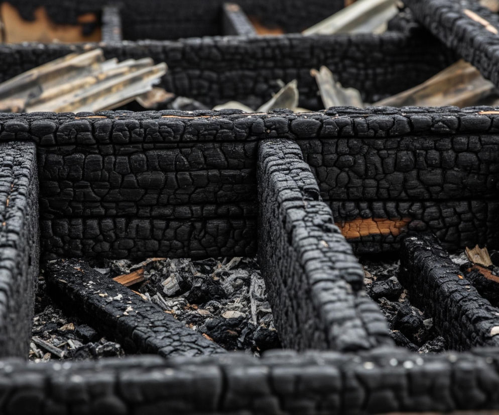 W centrum kadru widoczne są czarne, spalone i zwęglone deski lub belki, ułożone równolegle do siebie, tworząc konstrukcję przypominającą szkielet podłogi lub stropu. Powierzchnia drewna jest spękana i ma chropowatą, popękaną teksturę z widocznymi licznymi małymi pęknięciami i fragmentami przypominającymi cegły, a w niektórych miejscach prześwitują pomarańczowe lub brązowe fragmenty nienaruszonego drewna. Przestrzenie między zwęglonymi belkami wypełnione są popiołem, drobnymi kawałkami spalonego drewna, gruzem i innymi resztkami w odcieniach szarości, bieli i czerni, z kilkoma jasnymi, zdeformowanymi elementami, być może metalowymi, w tle. Głębokość ostrości jest płytka, skupiając się na przednich, zwęglonych elementach, podczas gdy tło pozostaje nieco rozmyte.