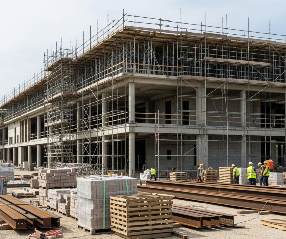 Duży budynek w trakcie budowy dominuję centrum kadru, jego betonowa konstrukcja jest częściowo osłonięta przez liczne rusztowania. Na ziemi, przed budynkiem, leży mnóstwo materiałów budowlanych, w tym stosy cegieł i paczki owinięte folią, a także długie, zardzewiałe belki stalowe. Kilku robotników w żółtych kamizelkach odblaskowych i kaskach stoi obok belek, obserwując plac budowy pod jasnym, zachmurzonym niebem.